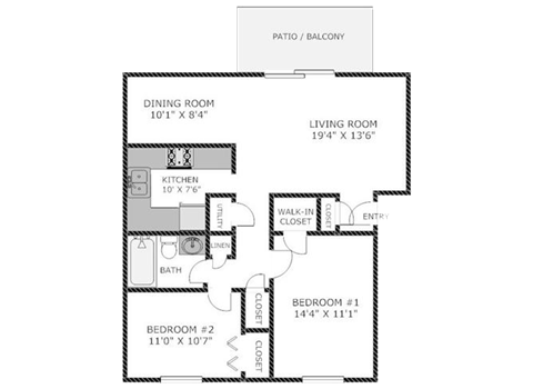 Floor plan for 2 beds, 1 bath, 869 sqft