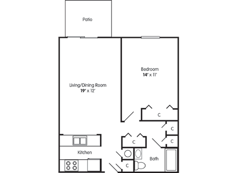 Floor plan for 1 bed, 1 bath, 625 sqft