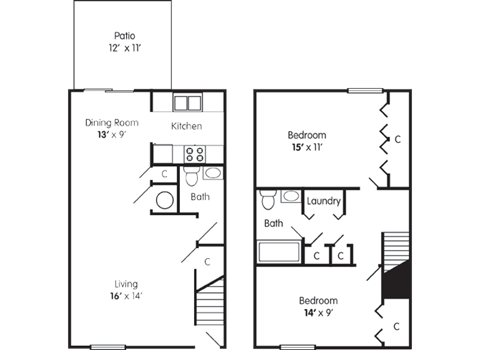 Floor plan for 2 beds, 1.5 baths, 1000 sqft