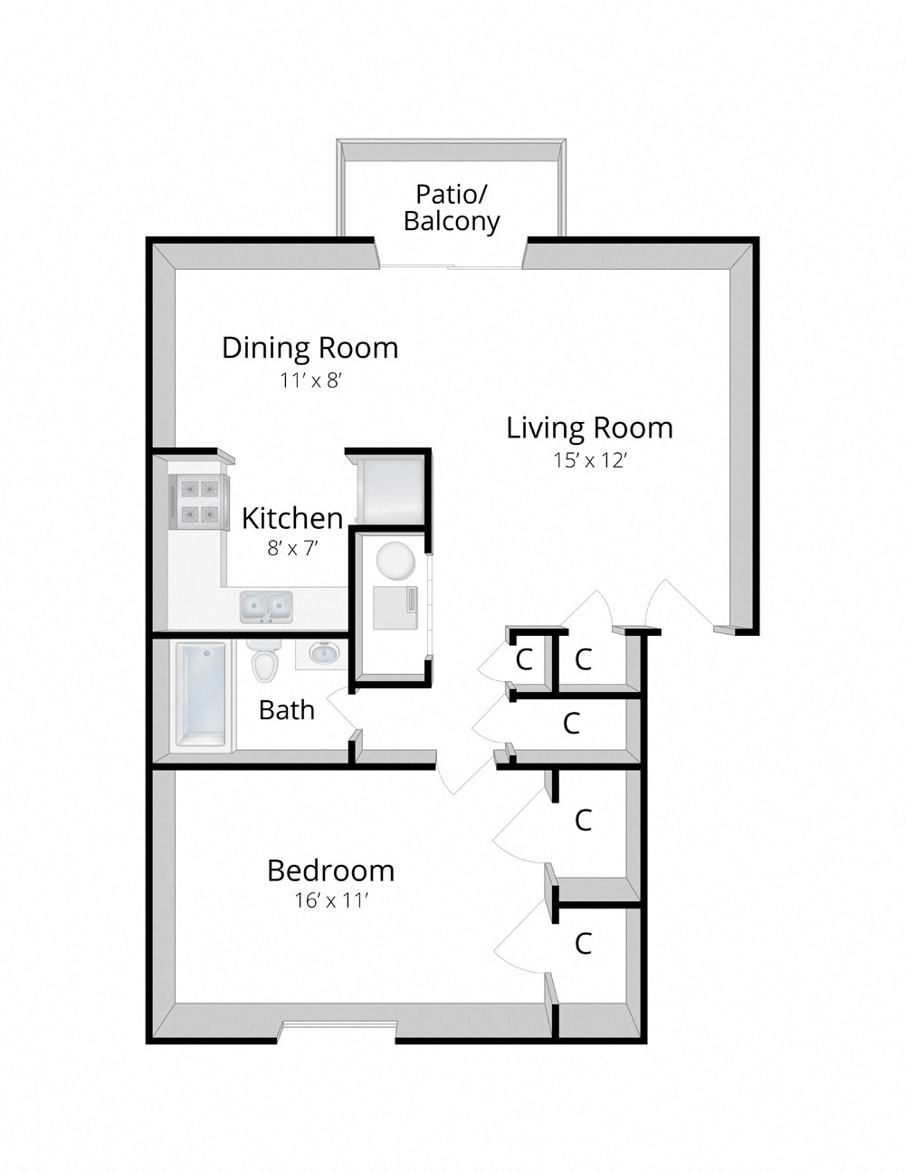 Floor plan for 1 bed, 1 bath, 744 sqft