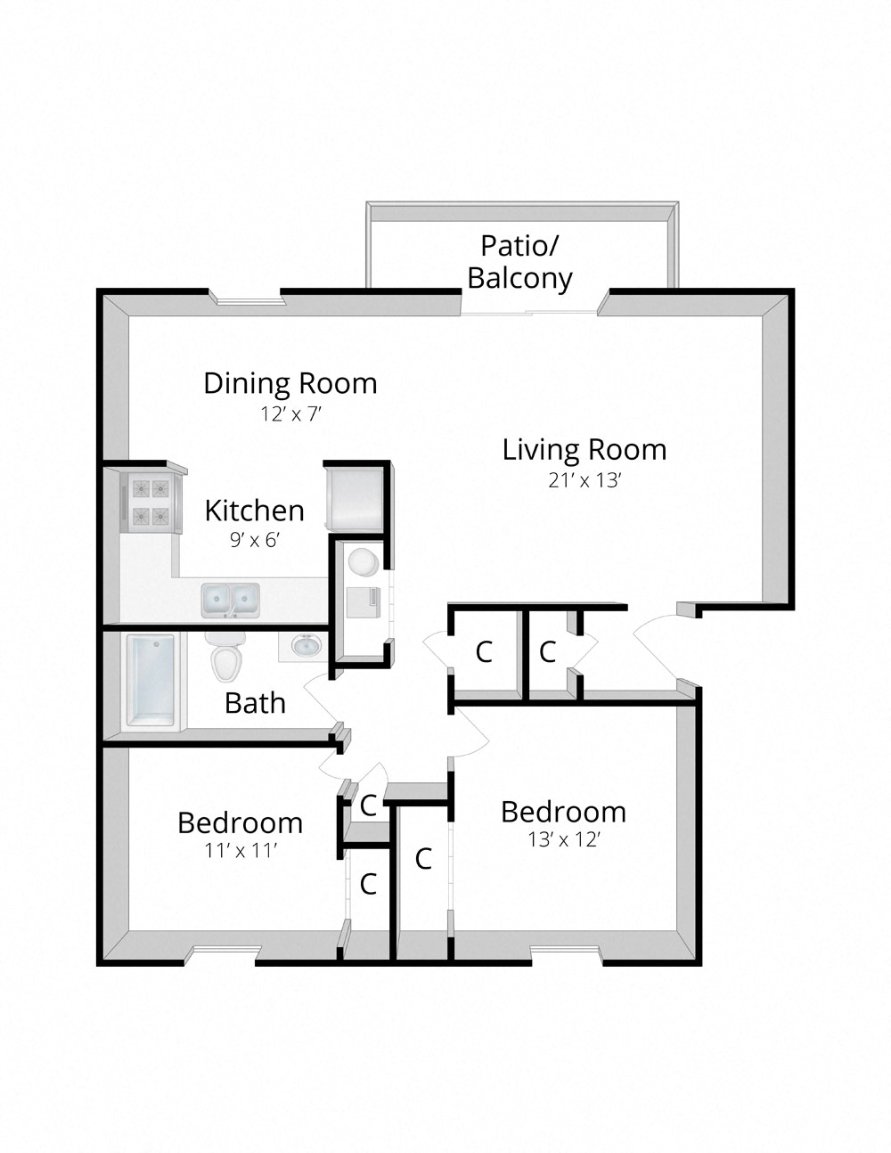 Floor plan for 2 beds, 1 bath, 990 sqft