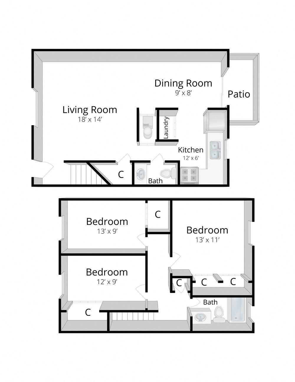 Floor plan for 3 beds, 1.5 baths, 1092 sqft