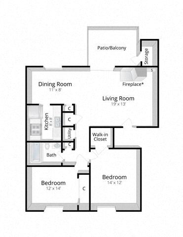 Floor plan for 2 beds, 1 bath, 930 sqft