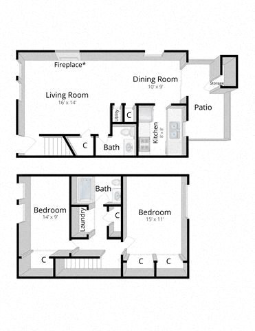 Floor plan for 2 beds, 1.5 baths, 1000 sqft