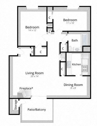Floor plan for 2 beds, 1 bath, 900 sqft