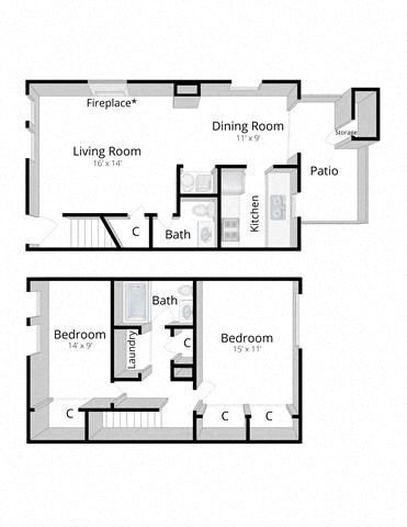 Floor plan for 2 beds, 1.5 baths, 1000 sqft
