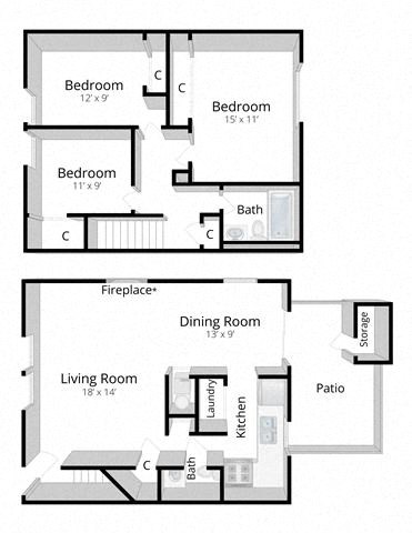 Floor plan for 3 beds, 1.5 baths, 1200 sqft