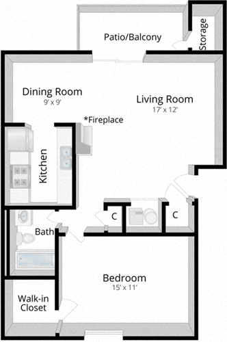 Floor plan for 1 bed, 1 bath, 699 sqft