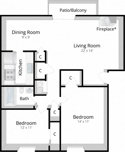 Floor plan for 2 beds, 1 bath, 907 sqft