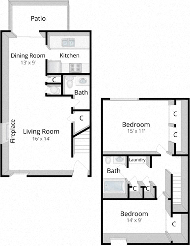 Floor plan for 2 beds, 1.5 baths, 990 sqft