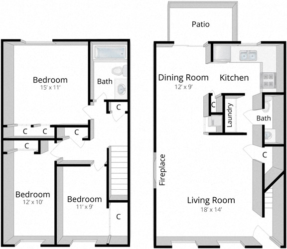 Floor plan for 3 beds, 1.5 baths, 1184 sqft