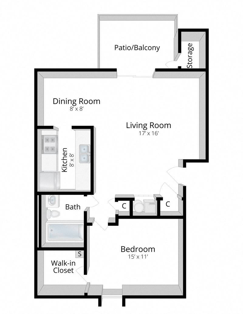 Floor plan for 1 bed, 1 bath, 702 sqft