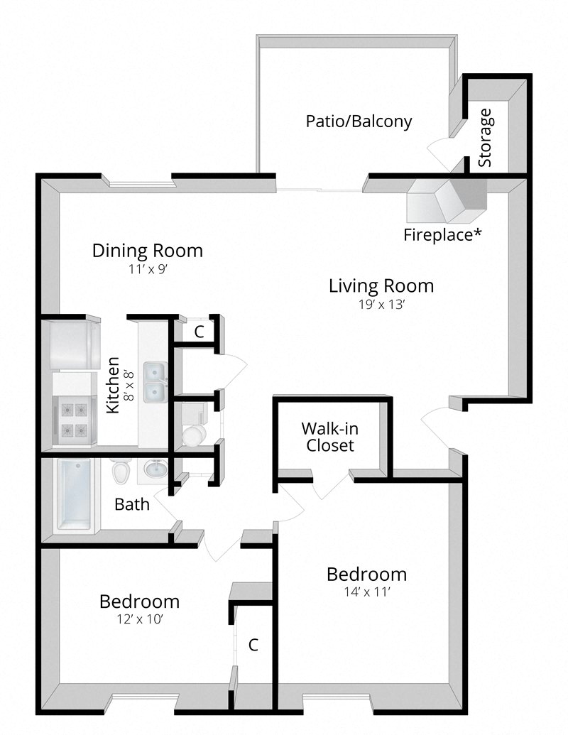 Floor plan for 2 beds, 1 bath, 886 sqft