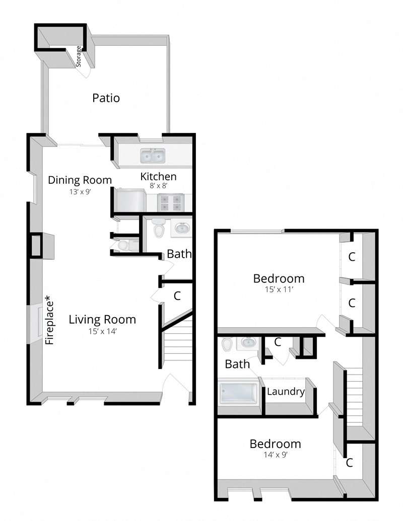 Floor plan for 2 beds, 1.5 baths, 996 sqft
