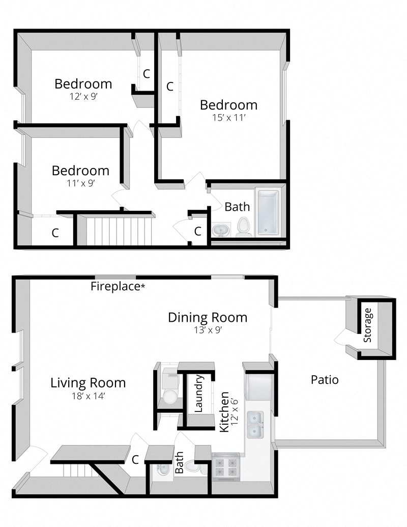 Floor plan for 3 beds, 1.5 baths, 1176 sqft