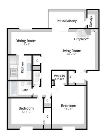 Floor plan for 2 beds, 1 bath, 892 sqft