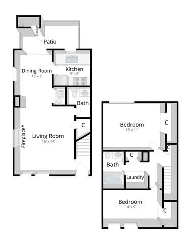 Floor plan for 2 beds, 1.5 baths, 992 sqft