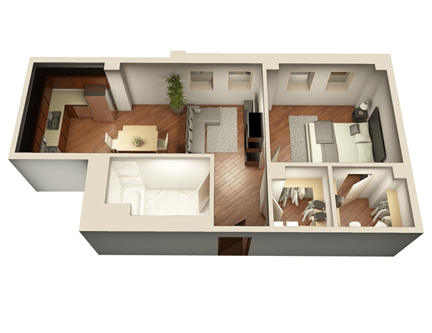 Floor plan for 1 bed, 1 bath, 737 sqft