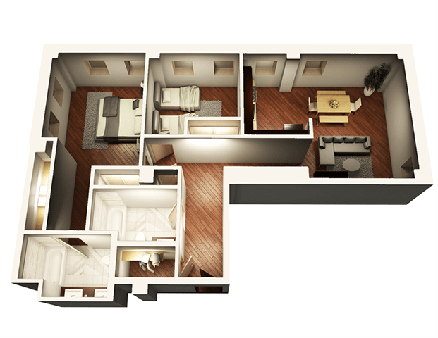 Floor plan for 2 beds, 2 baths, 1055 sqft