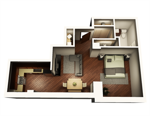 Floor plan for 1 bed, 1 bath, 646 sqft