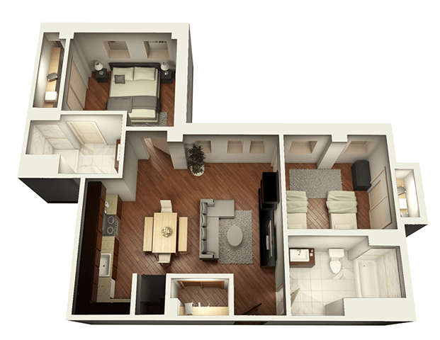 Floor plan for 2 beds, 2 baths, 952 sqft