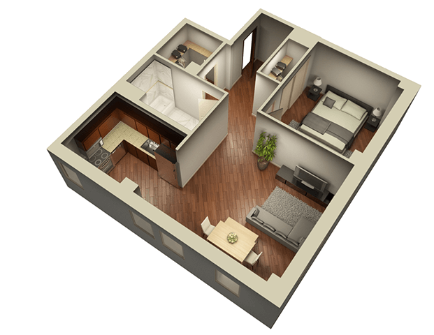 Floor plan for 1 bed, 1 bath, 804 sqft