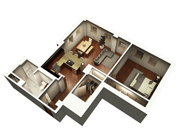 Floor plan for 1 bed, 1 bath, 927 sqft