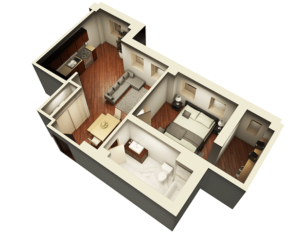 Floor plan for 1 bed, 1 bath, 738 sqft