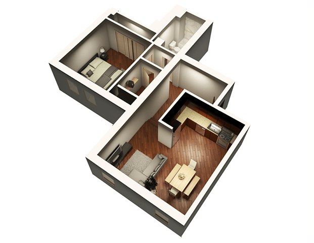 Floor plan for 1 bed, 1 bath, 894 sqft