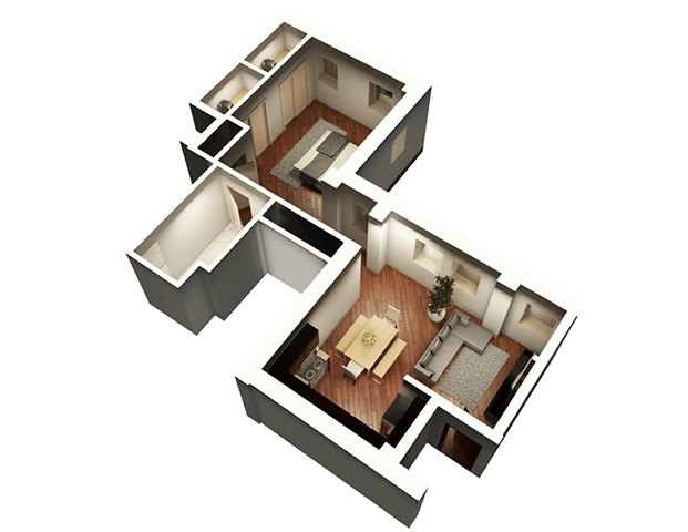Floor plan for 1 bed, 1 bath, 771 sqft
