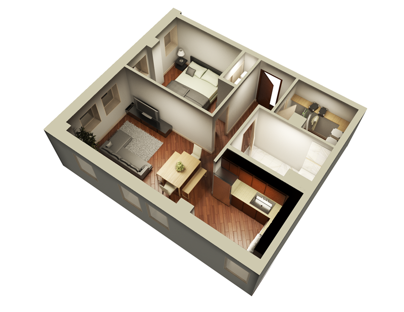 Floor plan for 1 bed, 1 bath, 669 sqft