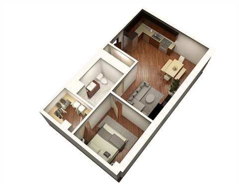 Floor plan for 1 bed, 1 bath, 719 sqft