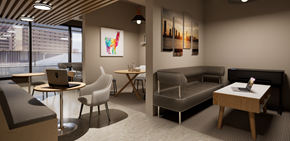 Edmonton apartment for rent - A modern office space with a large window, a desk with a laptop, a chair, a couch, and a small table.