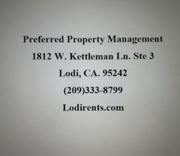 Lodi house for rent - A piece of paper with the heading Preferred Property Management and contact information for a company.