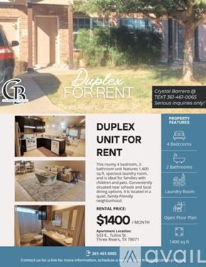 Three Rivers townhouse for rent - A room with a bed, a couch, and a dining table is shown in a duplex for rent advertisement.