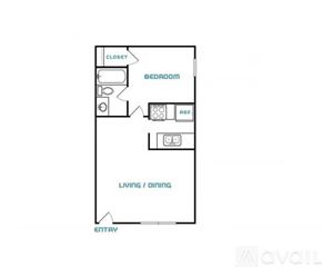 Dallas apartment for rent - A floor plan of a bedroom with a living/dining area and an entry.