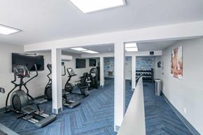 Scranton apartment for rent - a gym in the basement of a home with weights and a tv