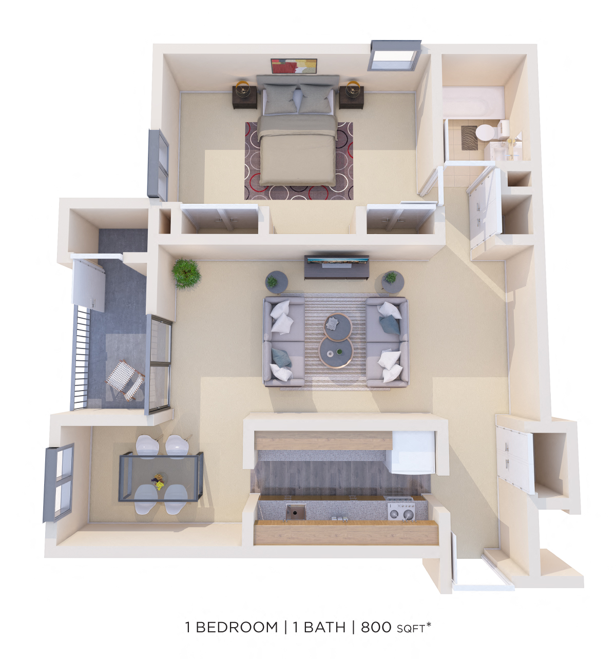 Floor plan for 1 bed, 1 bath, 800 sqft