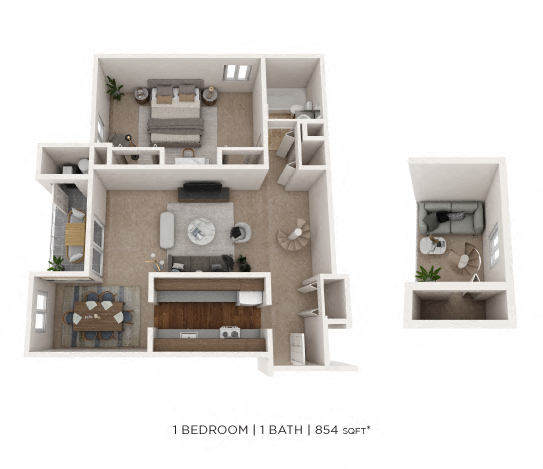 Floor plan for 1 bed, 1 bath, 854 sqft