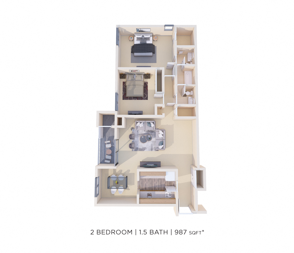 Floor plan for 2 beds, 1.5 baths, 987 sqft