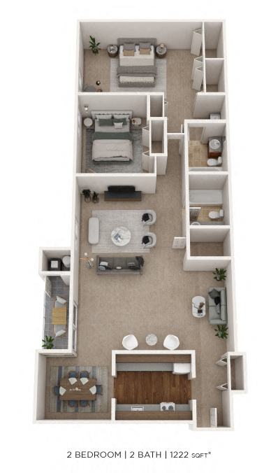 Floor plan for 2 beds, 2 baths, 1222 sqft