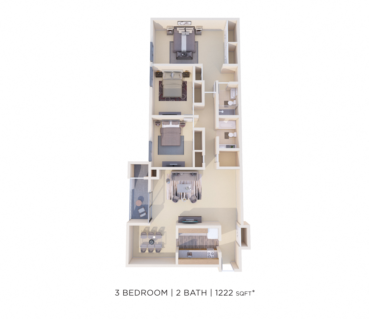 Floor plan for 3 beds, 2 baths, 1222 sqft