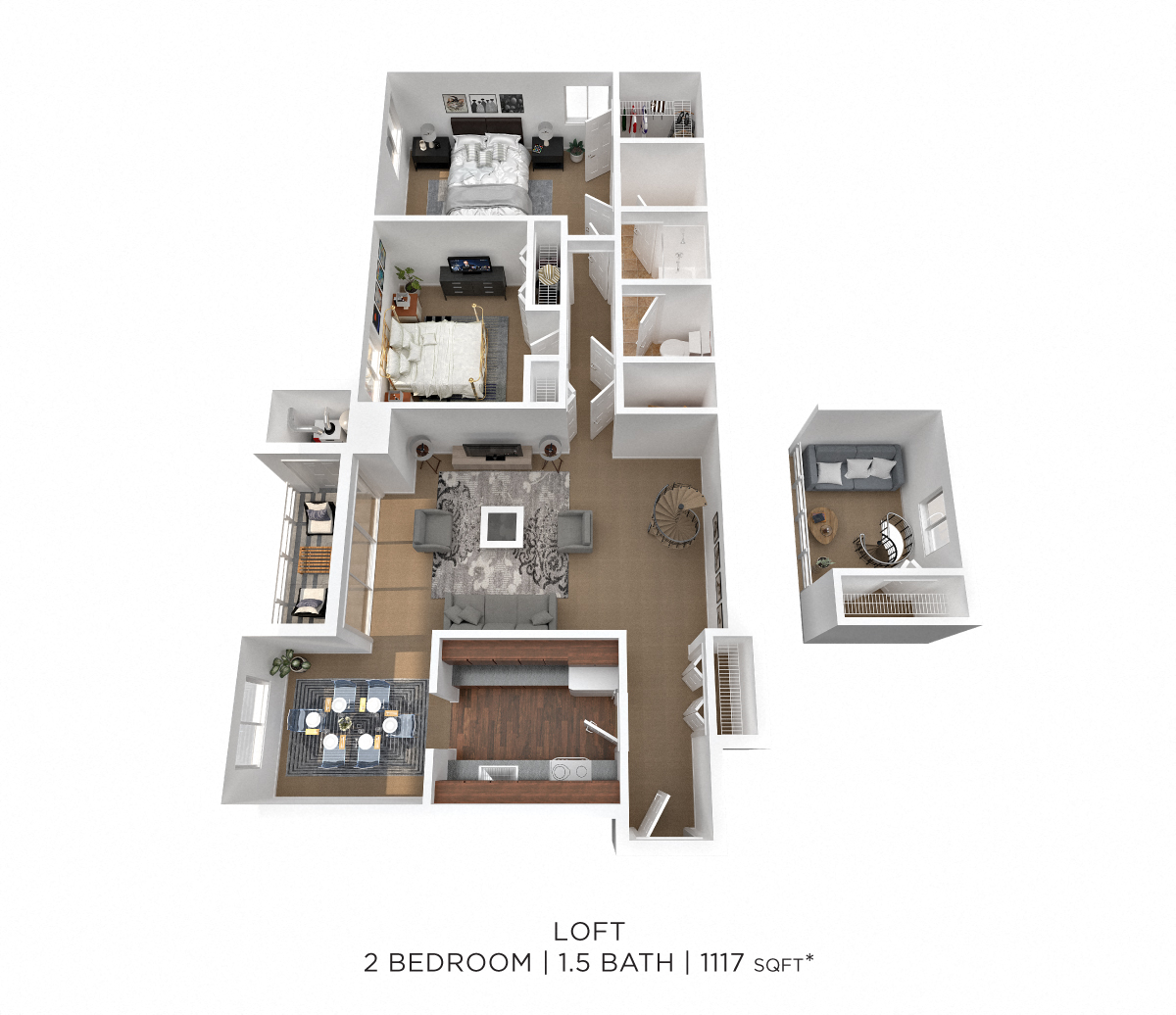 Floor plan for 2 beds, 1.5 baths, 1117 sqft