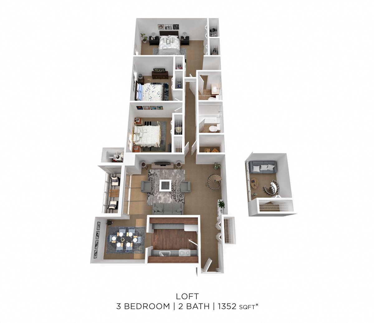 Floor plan for 3 beds, 2 baths, 1352 sqft