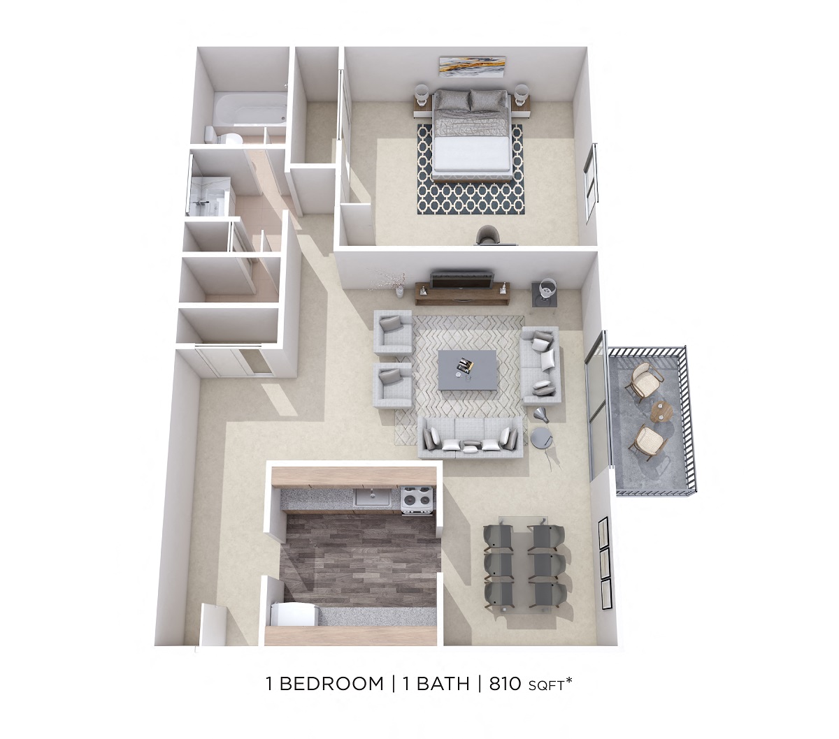 Floor plan for 1 bed, 1 bath, 810 sqft