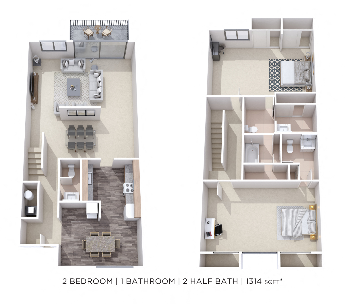 Floor plan for 2 beds, 1.5 baths, 1314 sqft