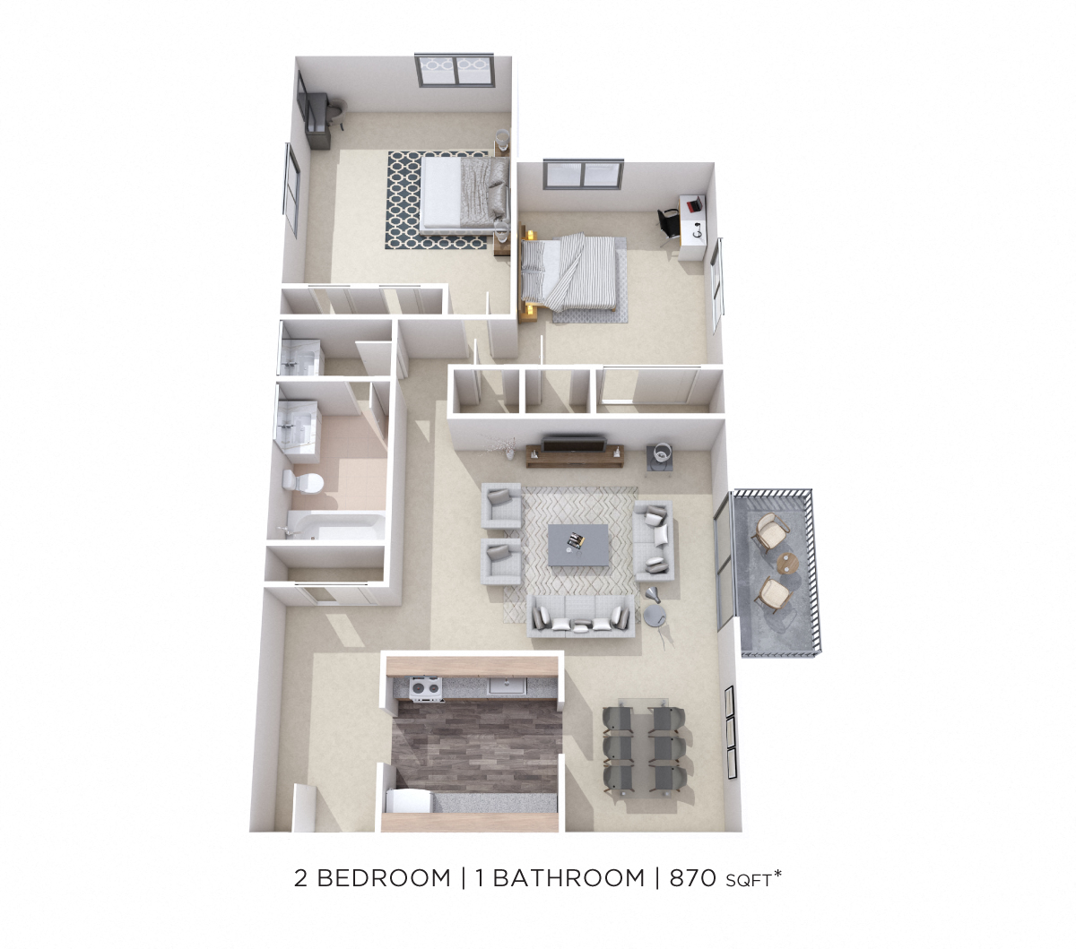 Floor plan for 2 beds, 1 bath