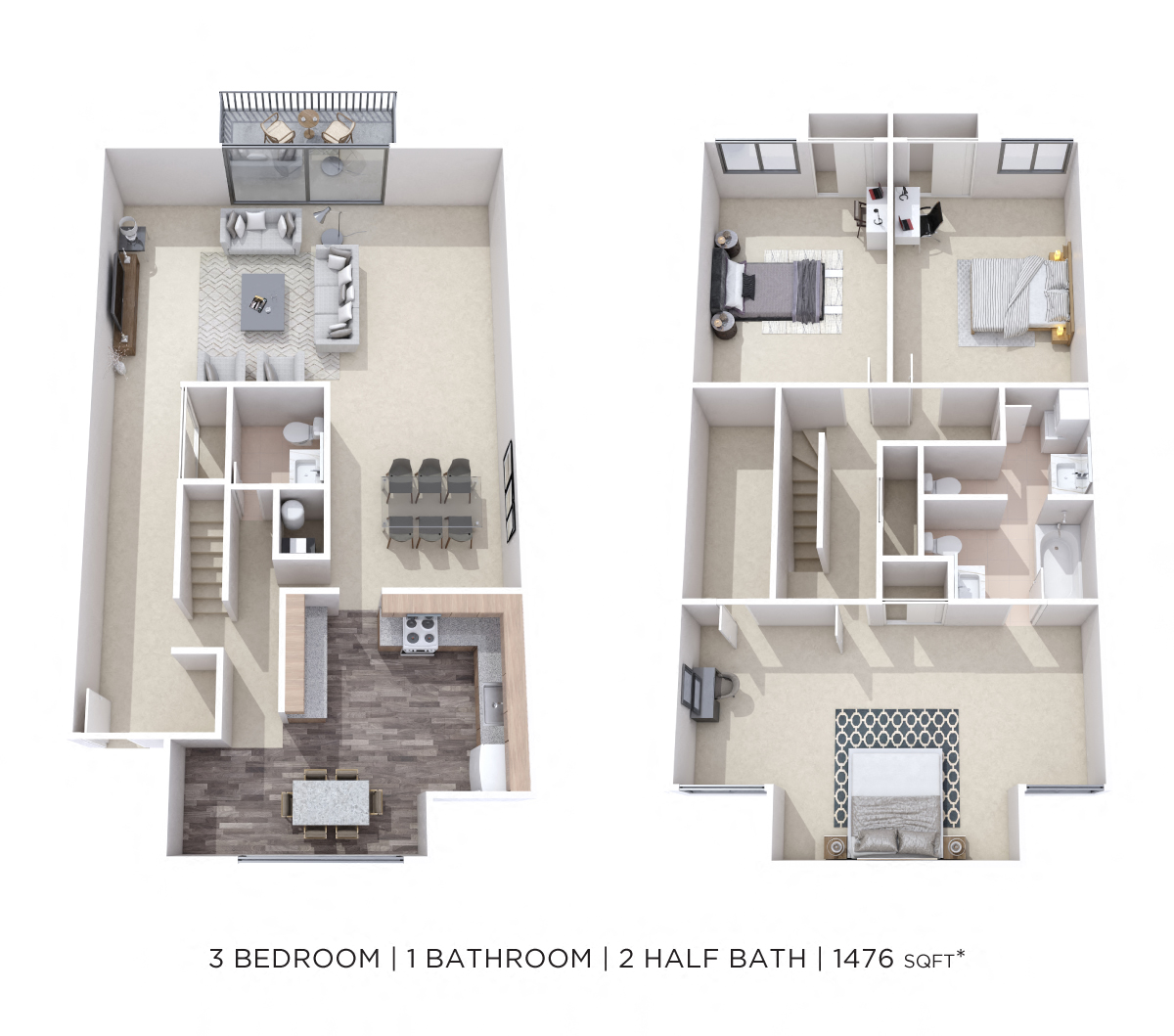 Floor plan for 3 beds, 1.8 baths, 1476 sqft