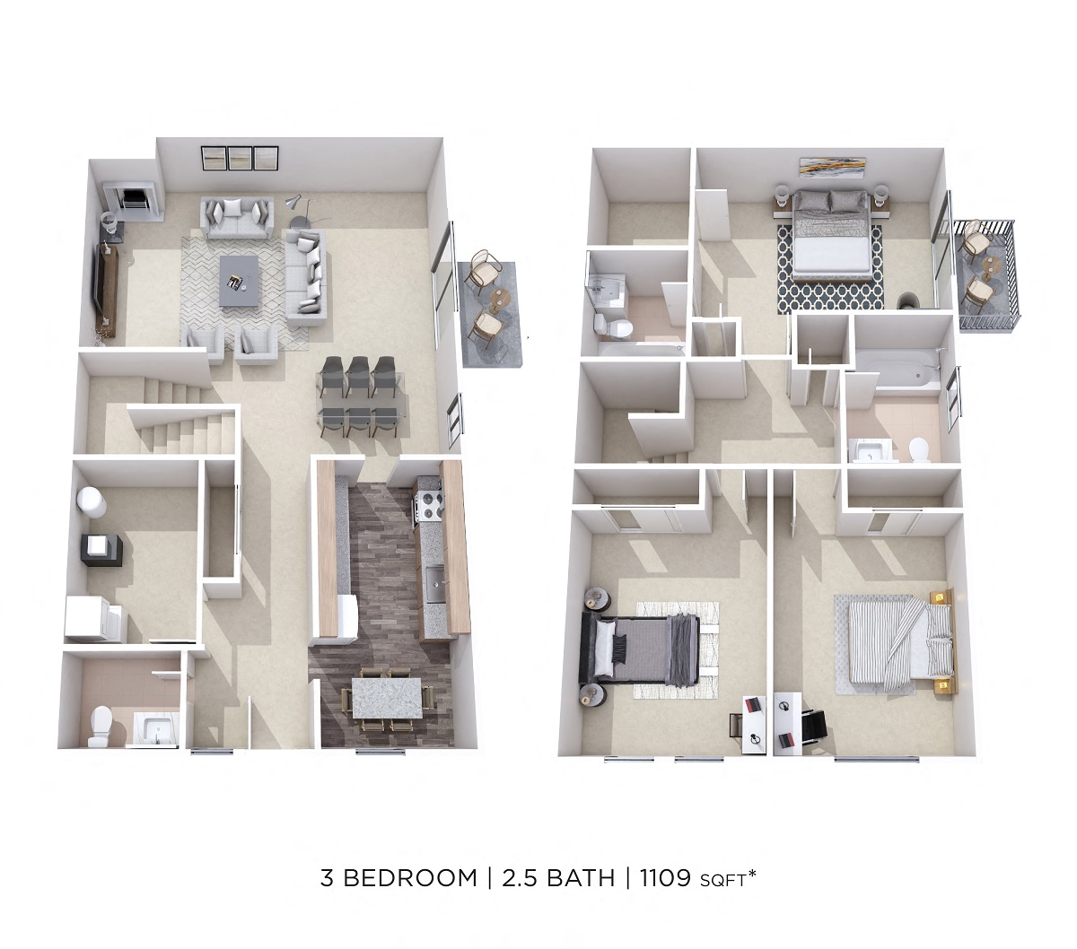Floor plan for 3 beds, 2.5 baths, 1109 sqft