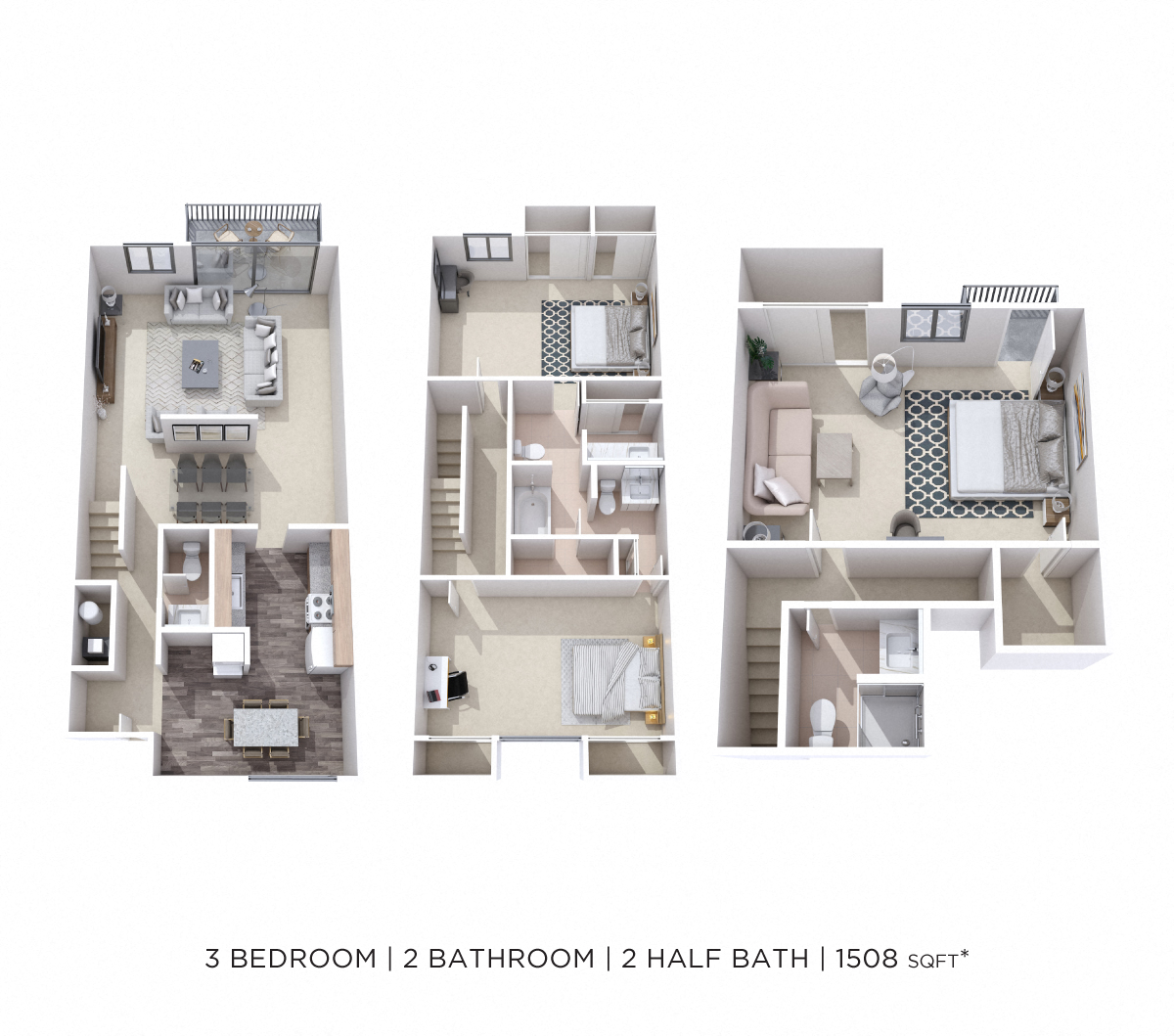 Floor plan for 3 beds, 2.5 baths, 1508 sqft
